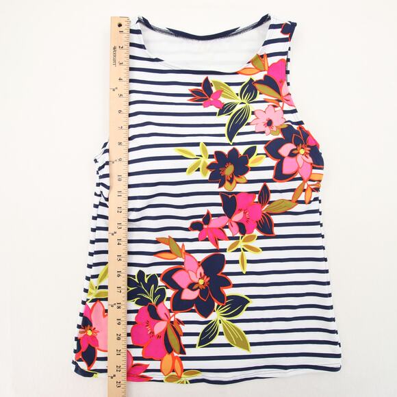 Lands End Tankini Top White Navy Striped Floral Print Round Neck Sleeveless 6 - Picture 4 of 9